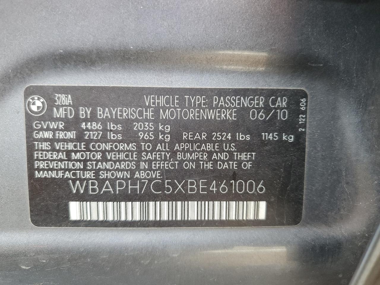 2011 BMW 328 I VIN: WBAPH7C5XBE461006 Lot: 84984075