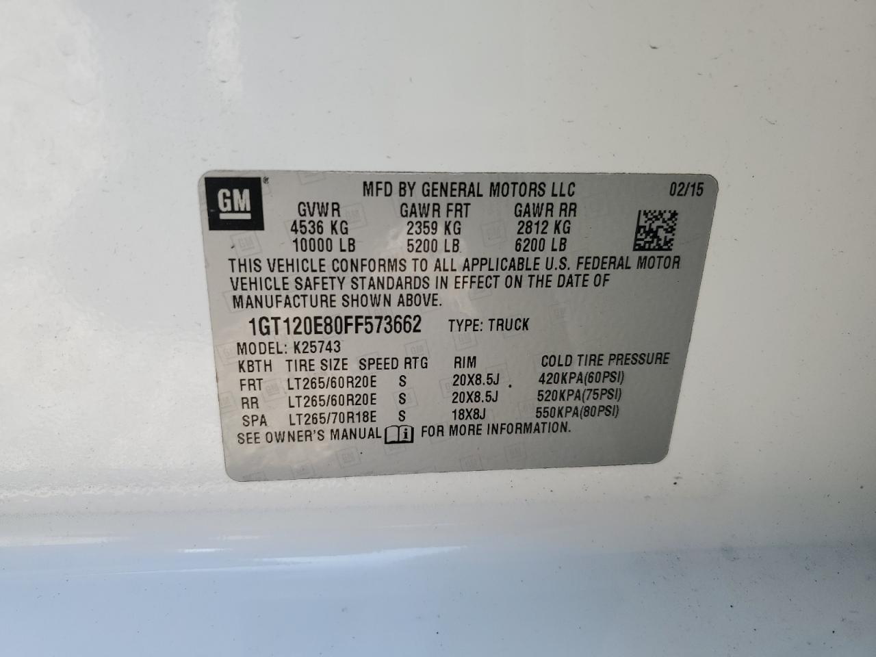 2015 GMC Sierra K2500 Denali VIN: 1GT120E80FF573662 Lot: 89630325