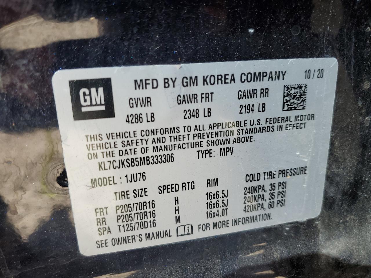 2021 Chevrolet Trax Ls VIN: KL7CJKSB5MB333306 Lot: 89458535