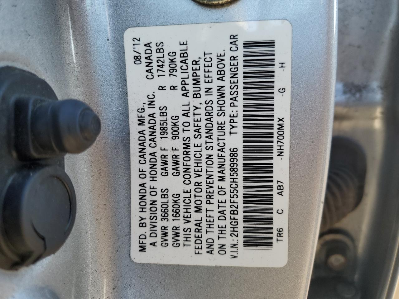 2012 Honda Civic Lx VIN: 2HGFB2F55CH589986 Lot: 85493555