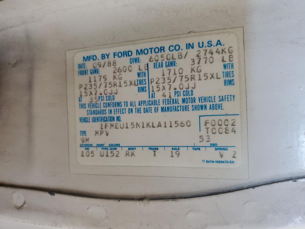 1989 Ford Bronco U100 VIN: 1FMEU15N1KLA11560 Lot: 86901265
