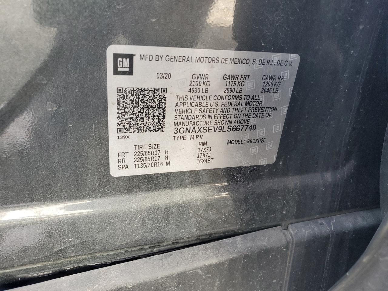 2020 Chevrolet Equinox Ls VIN: 3GNAXSEV9LS667749 Lot: 86174515