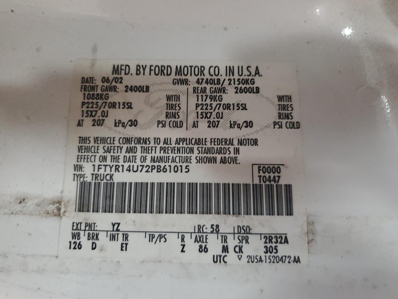 2002 Ford Ranger Super Cab VIN: 1FTYR14U72PB61015 Lot: 85767965