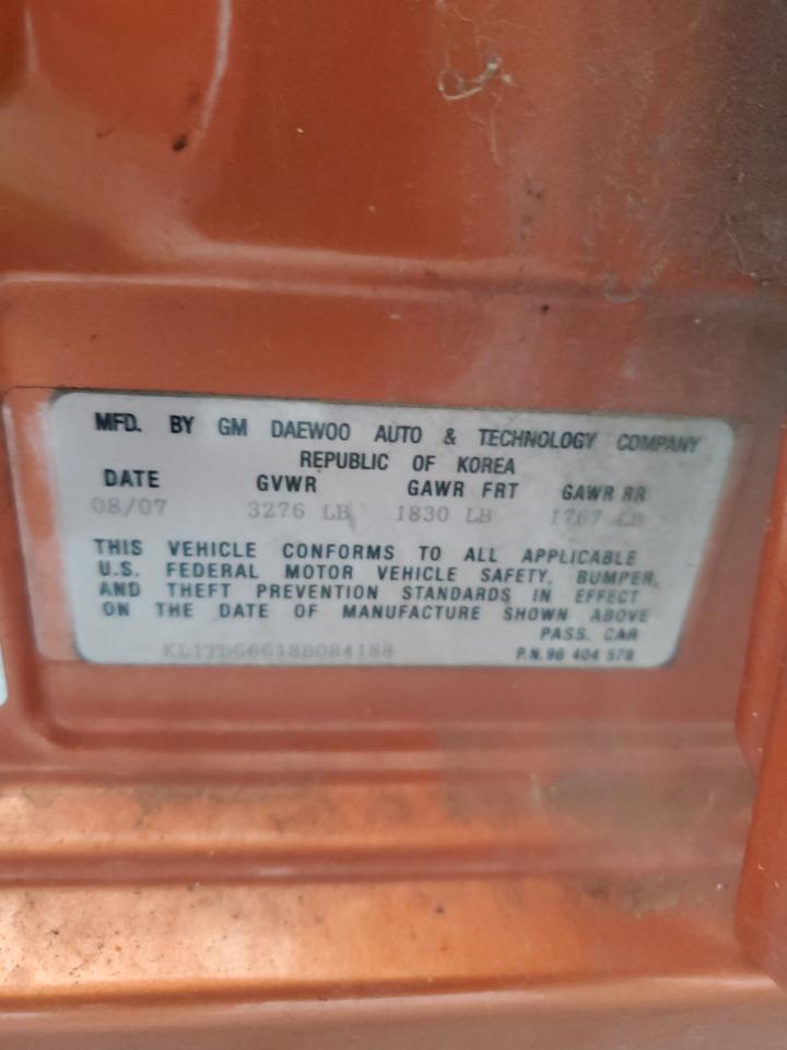 2008 Chevrolet Aveo VIN: KL1TD66618B084188 Lot: 84813785