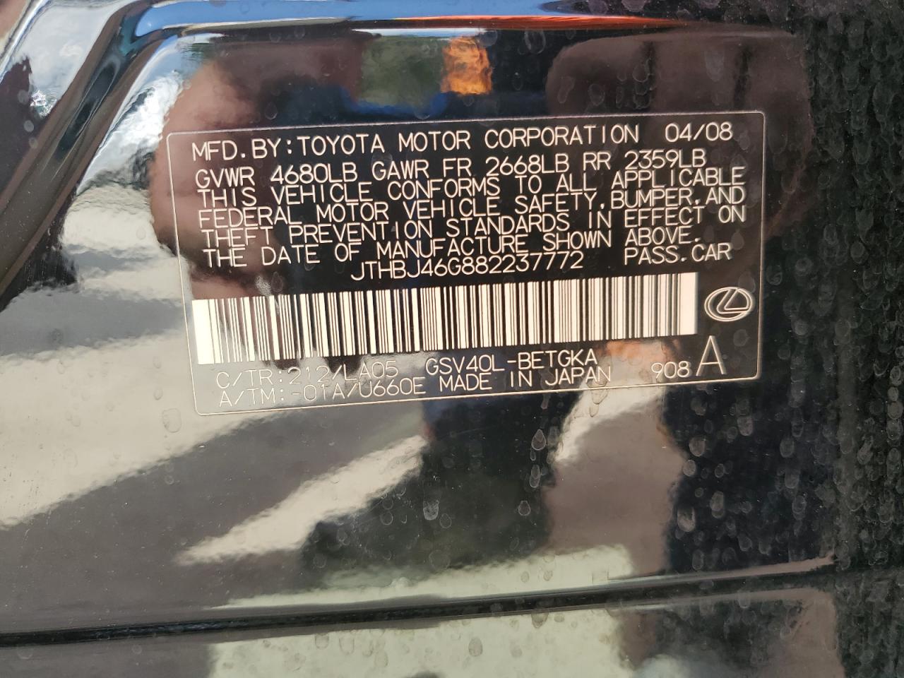 2008 Lexus Es 350 VIN: JTHBJ46G882237772 Lot: 81995275