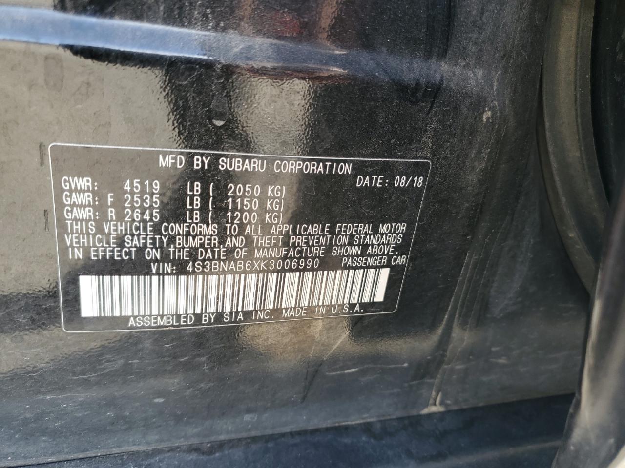 2019 Subaru Legacy 2.5I VIN: 4S3BNAB6XK3006990 Lot: 82426535