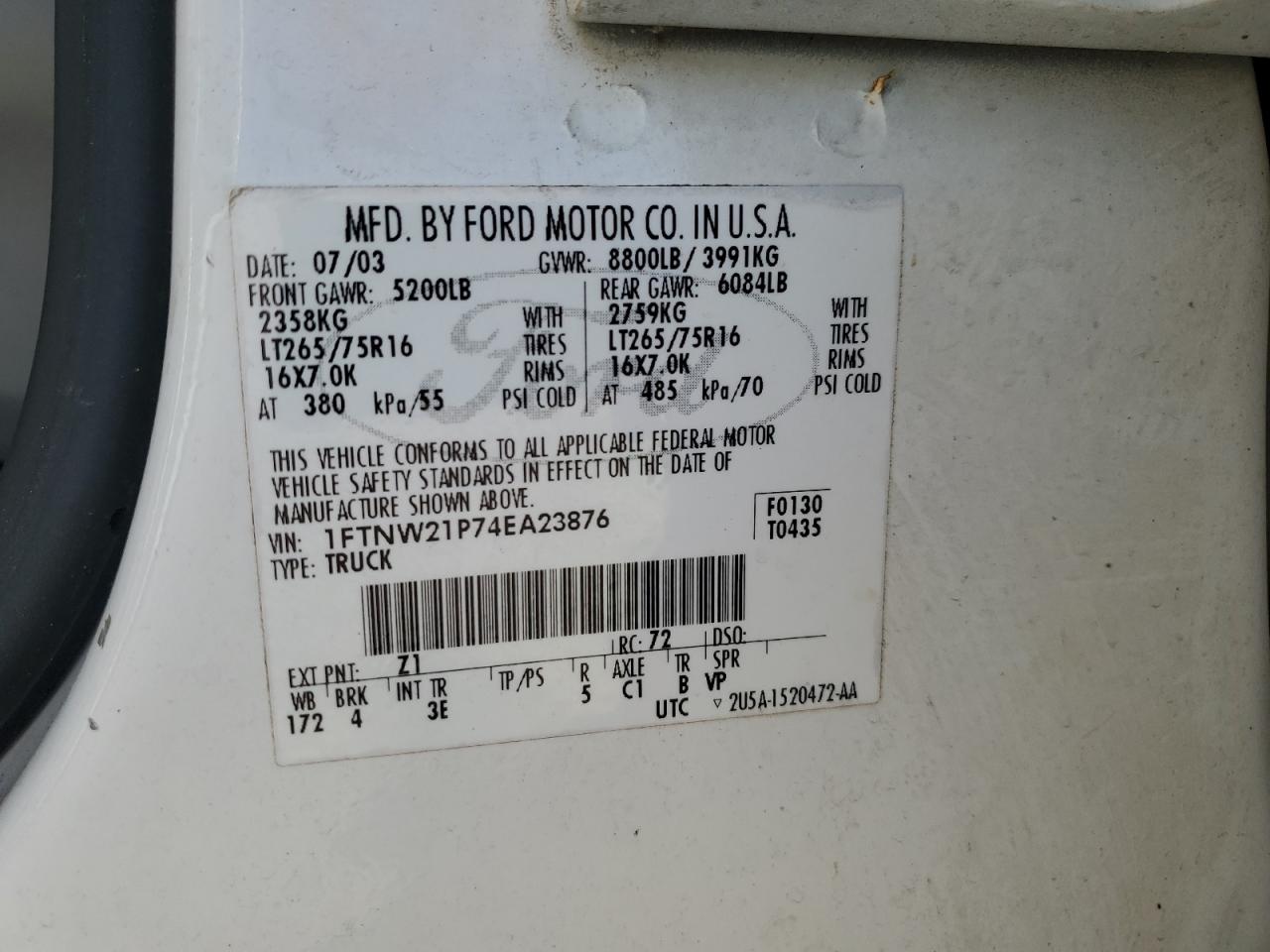 2004 Ford F250 Super Duty VIN: 1FTNW21P74EA23876 Lot: 86104375