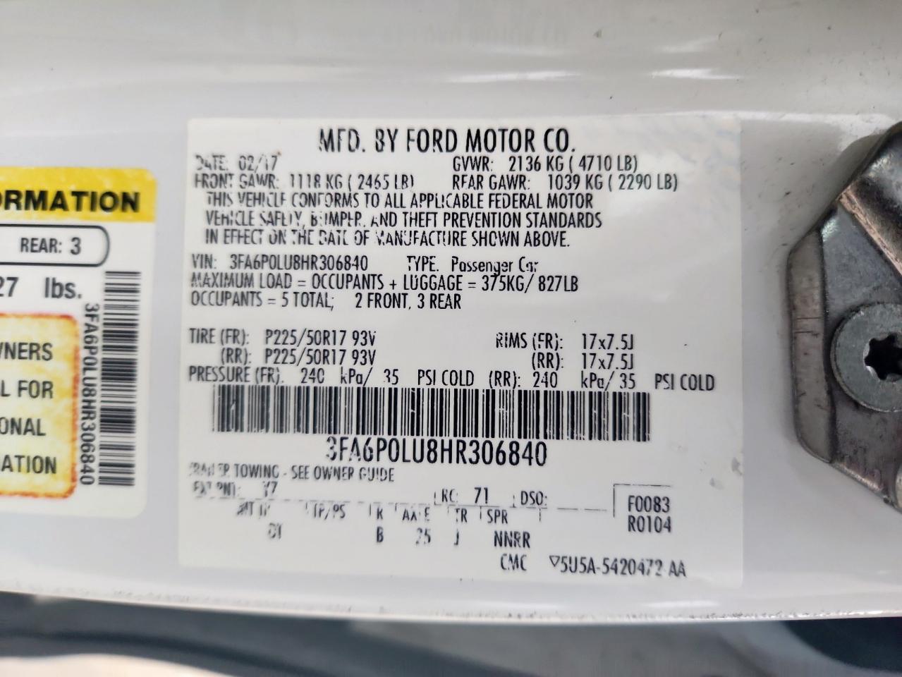 2017 Ford Fusion Se Hybrid VIN: 3FA6P0LU8HR306840 Lot: 90268565