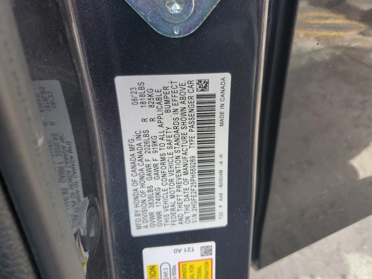 2023 Honda Civic Lx VIN: 2HGFE2F25PH569269 Lot: 85705815