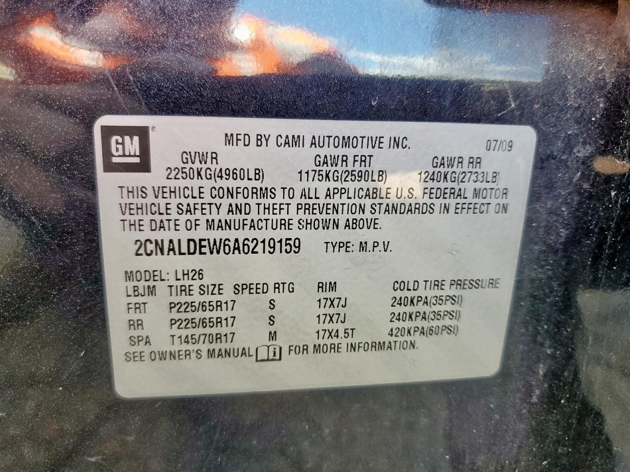 2010 Chevrolet Equinox Lt VIN: 2CNALDEW6A6219159 Lot: 85486455