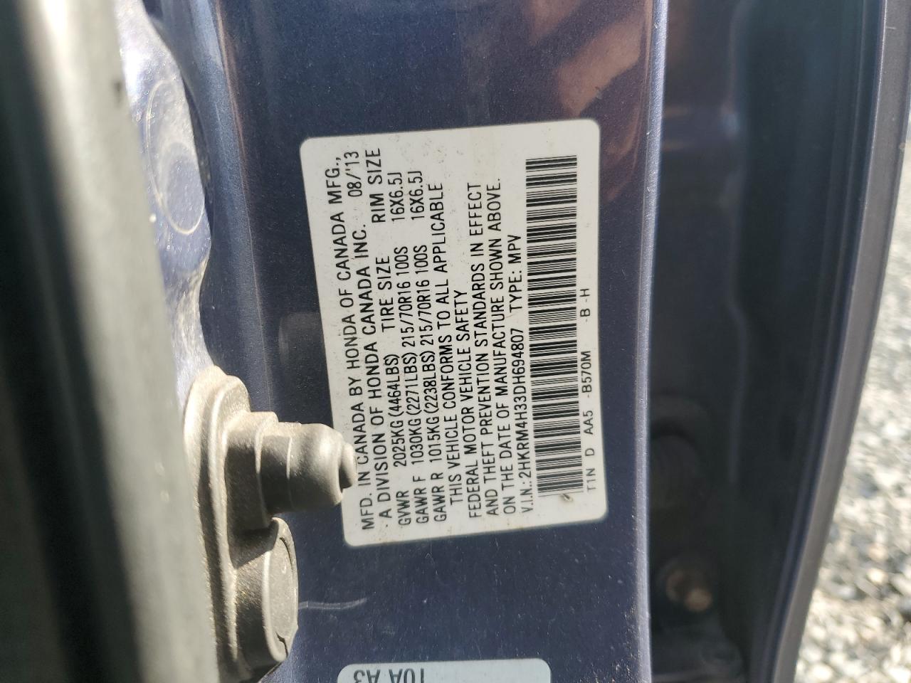 2013 Honda Cr-V Lx VIN: 2HKRM4H33DH694807 Lot: 91000705