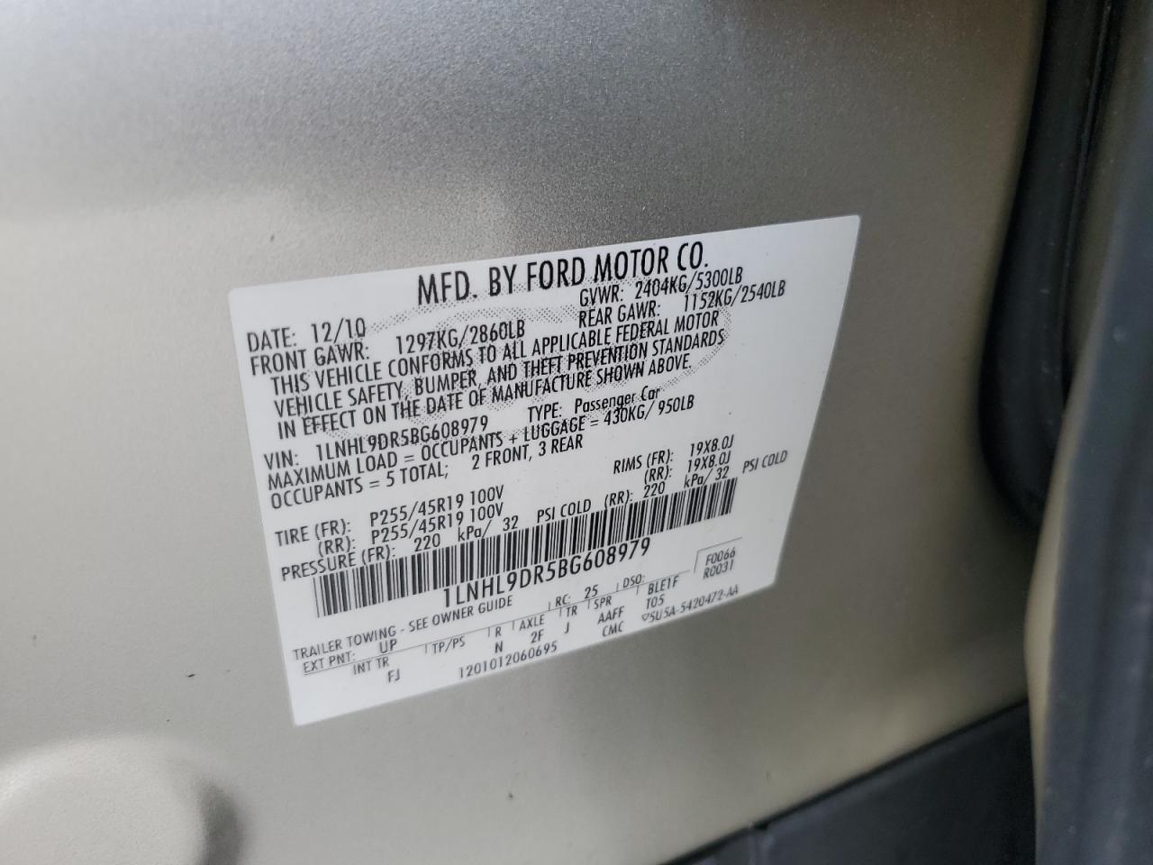 2011 Lincoln Mks VIN: 1LNHL9DR5BG608979 Lot: 85578385