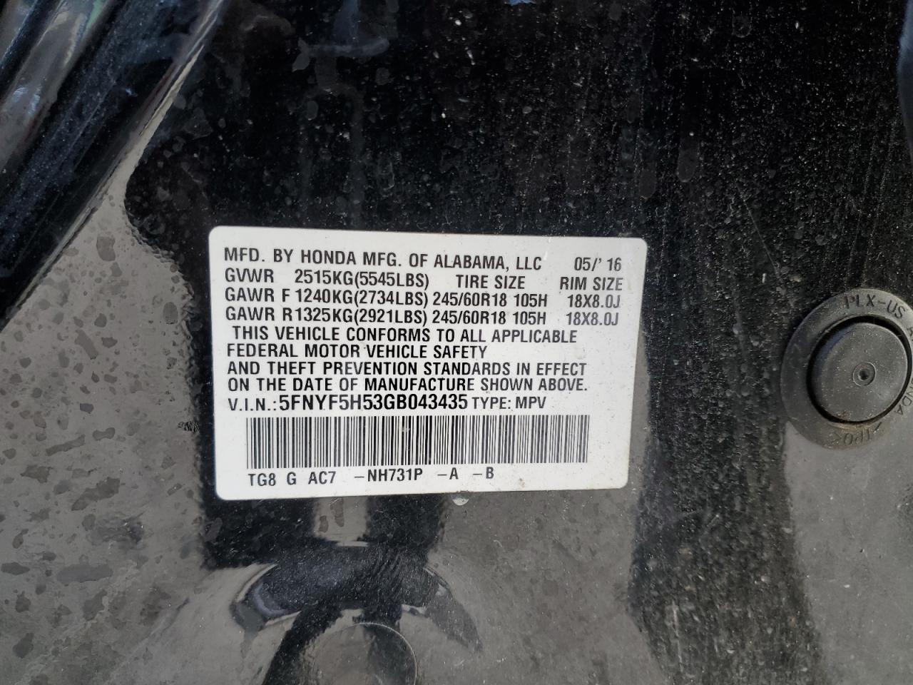 2016 Honda Pilot Exl VIN: 5FNYF5H53GB043435 Lot: 82613805