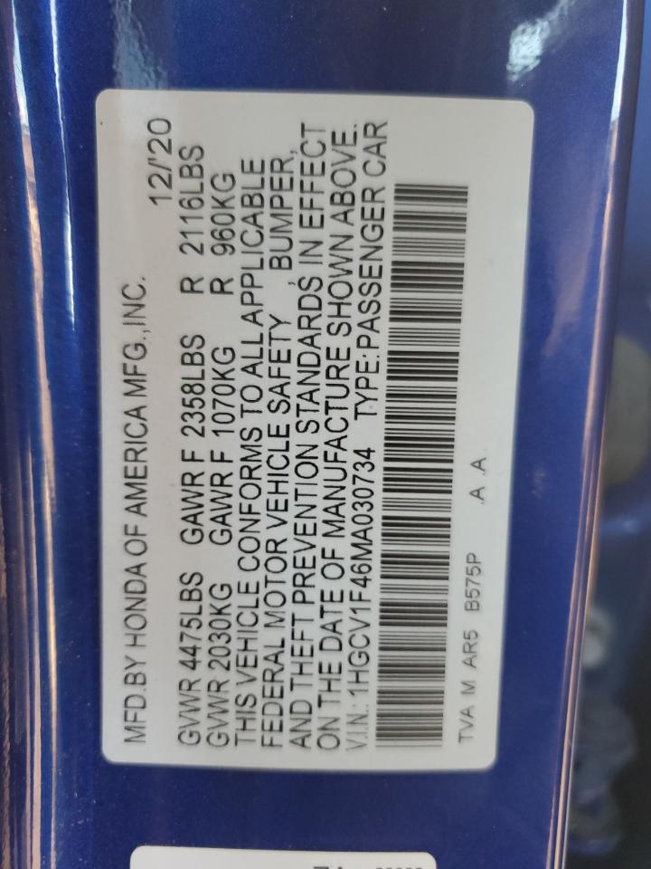2021 Honda Accord Sport Se VIN: 1HGCV1F46MA030734 Lot: 90937625