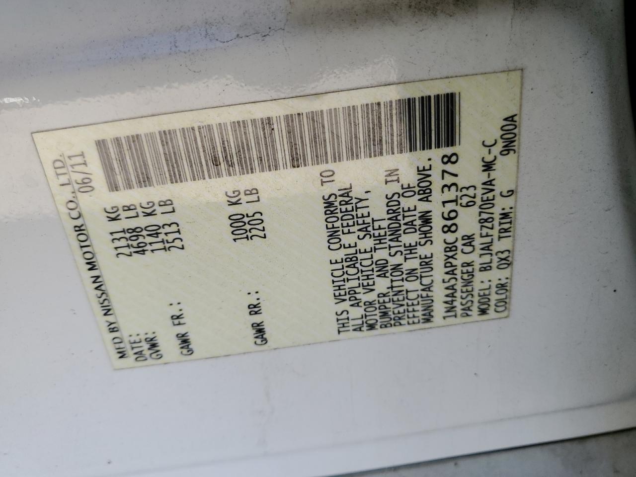 2011 Nissan Maxima S VIN: 1N4AA5APXBC861378 Lot: 85530955