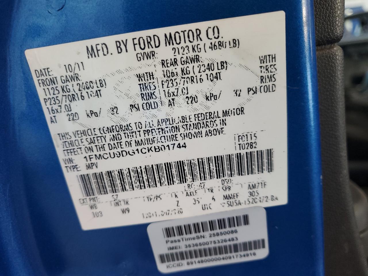 2012 Ford Escape Xlt VIN: 1FMCU9DG1CKB01744 Lot: 86322335