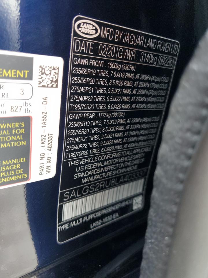 2020 Land Rover Range Rover Hse VIN: SALGS2RU8LA403337 Lot: 86332355