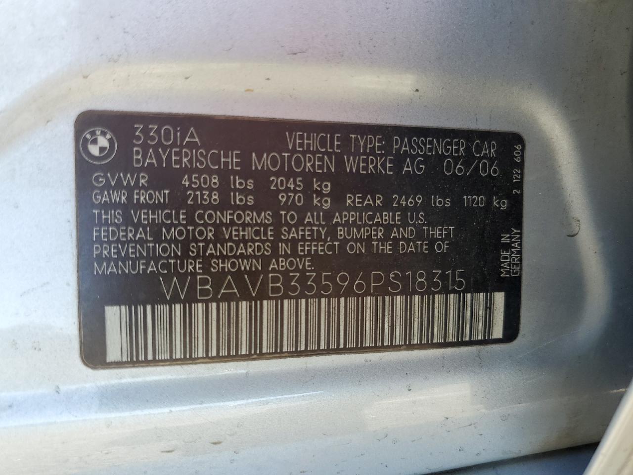 2006 BMW 330 I VIN: WBAVB33596PS18315 Lot: 90073085