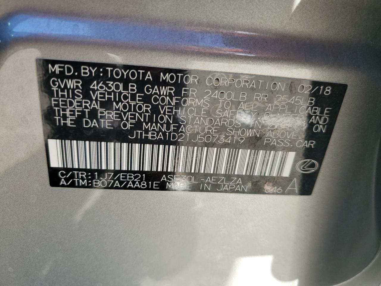 2018 Lexus Is 300 VIN: JTHBA1D21J5073419 Lot: 90366025