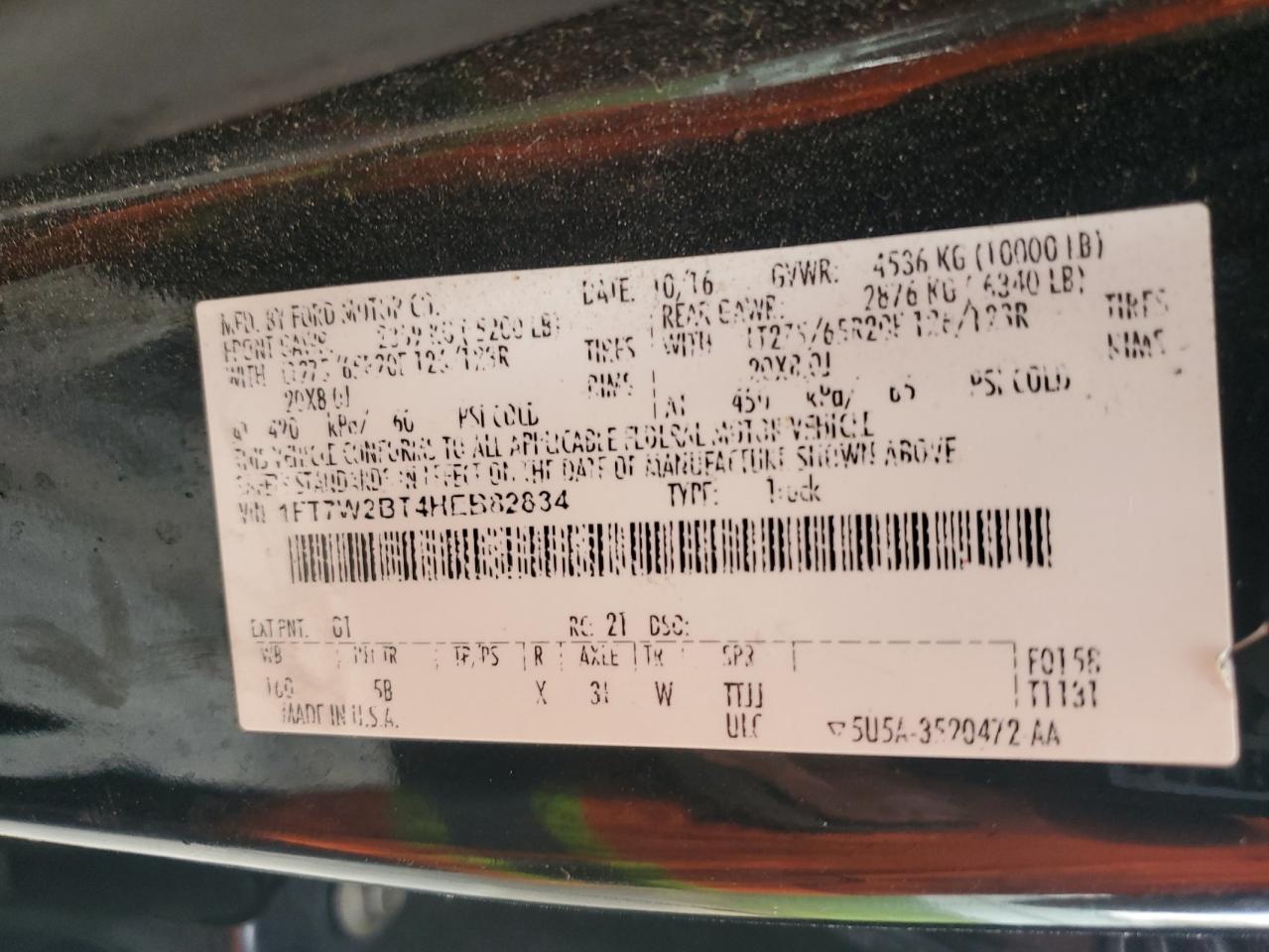 2017 Ford F250 Super Duty VIN: 1FT7W2BT4HEB82834 Lot: 81944405