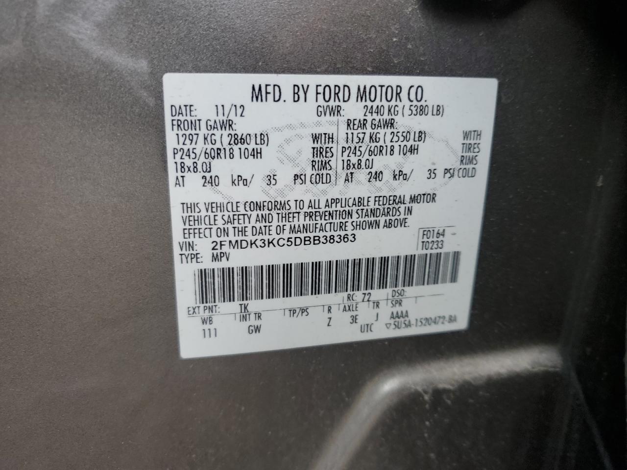 2013 Ford Edge Limited VIN: 2FMDK3KC5DBB38363 Lot: 82689385