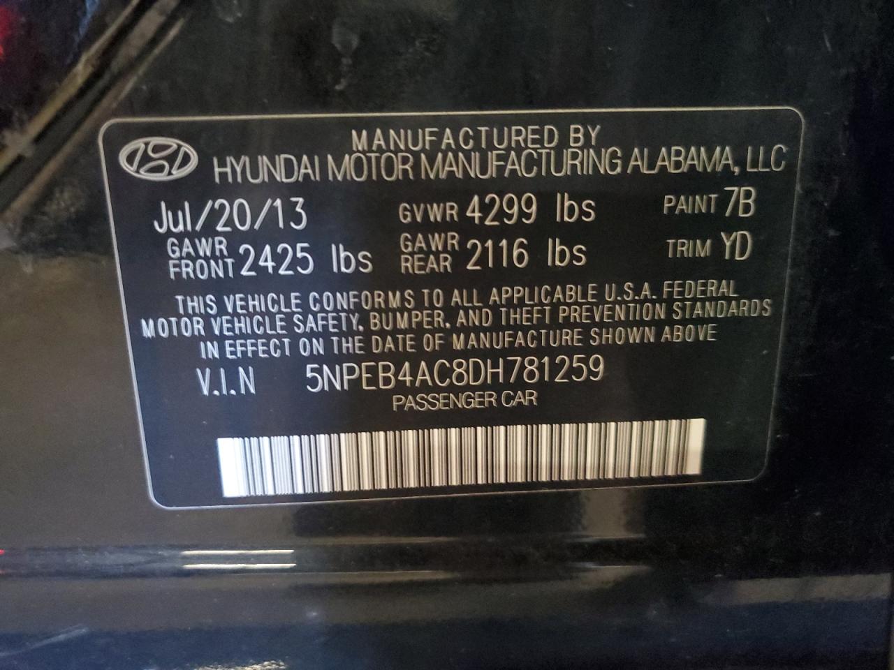 2013 Hyundai Sonata Gls VIN: 5NPEB4AC8DH781259 Lot: 85585545