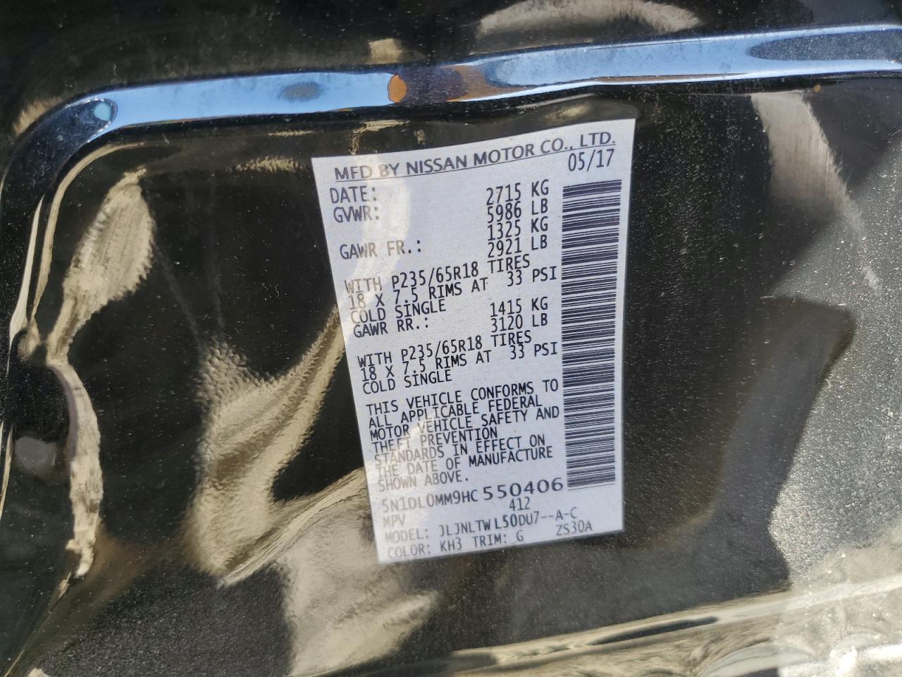 2017 Infiniti Qx60 VIN: 5N1DL0MM9HC550406 Lot: 84958225