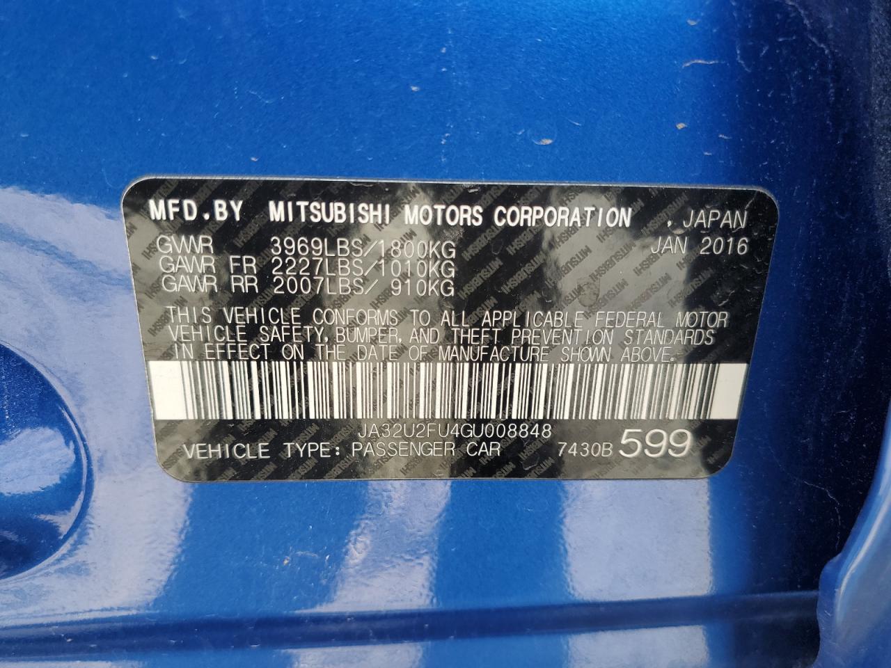 2016 Mitsubishi Lancer Es VIN: JA32U2FU4GU008848 Lot: 89740365