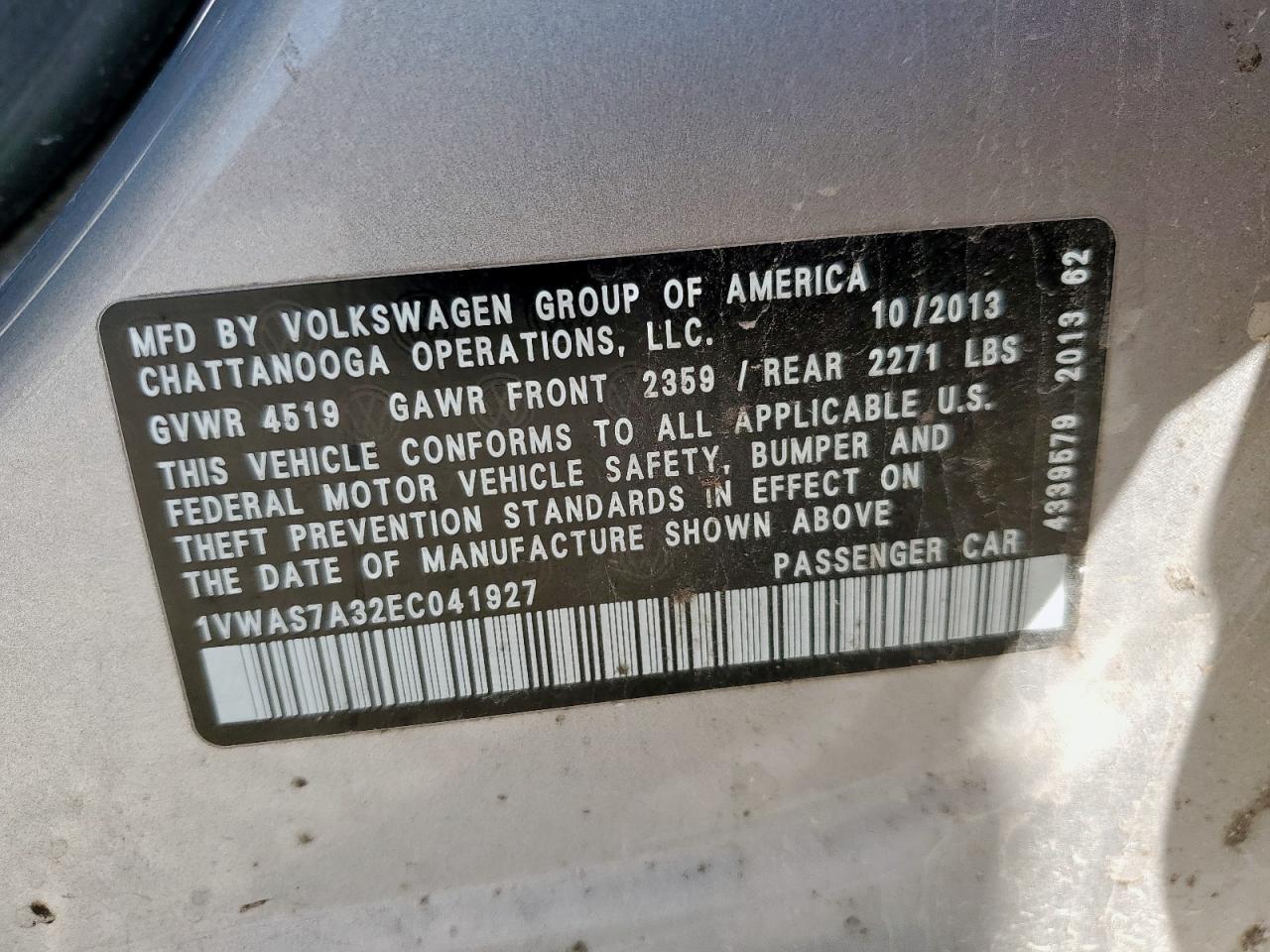 2014 Volkswagen Passat S VIN: 1VWAS7A32EC041927 Lot: 85820895