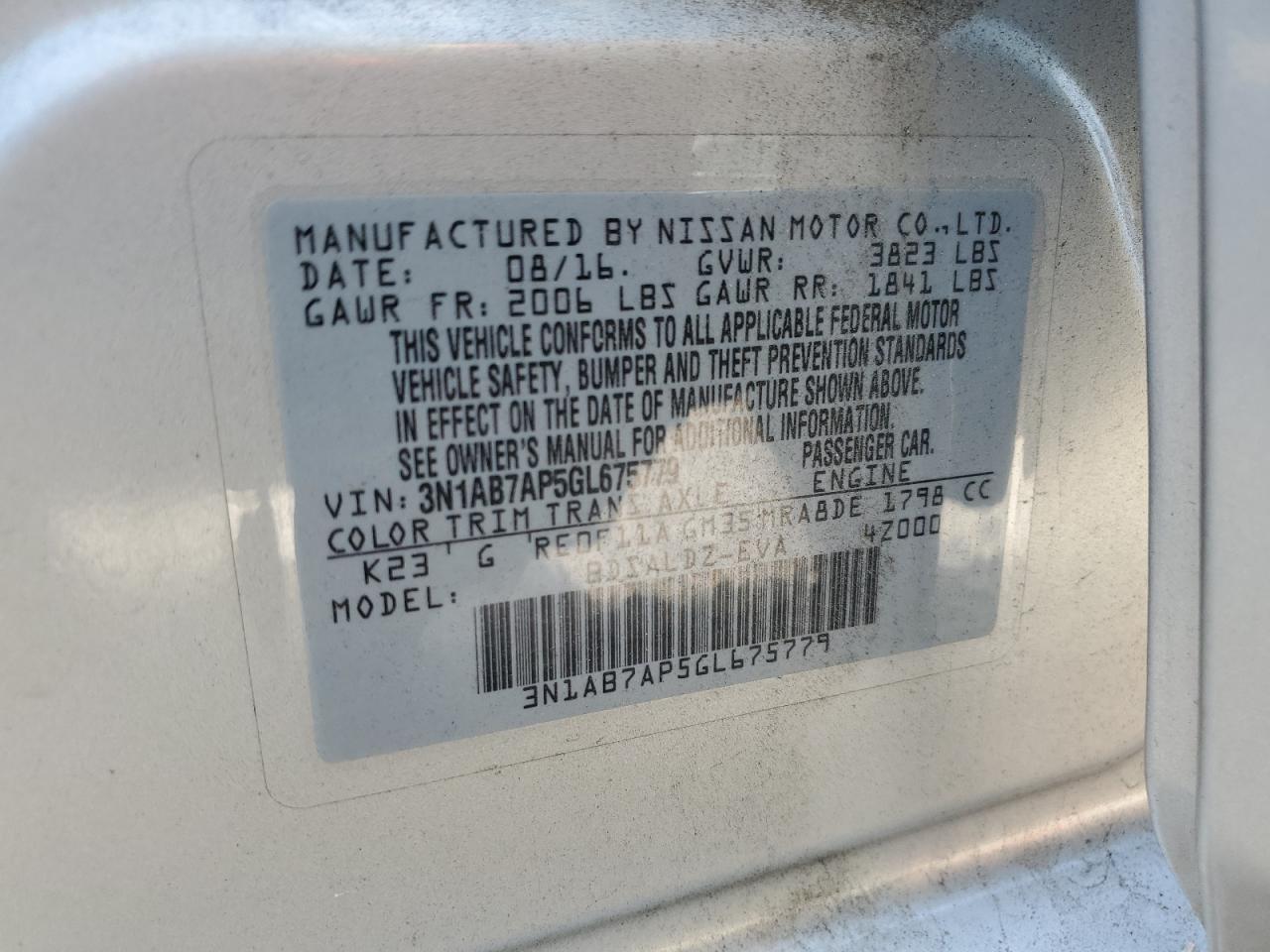 2016 Nissan Sentra S VIN: 3N1AB7AP5GL675779 Lot: 82183975