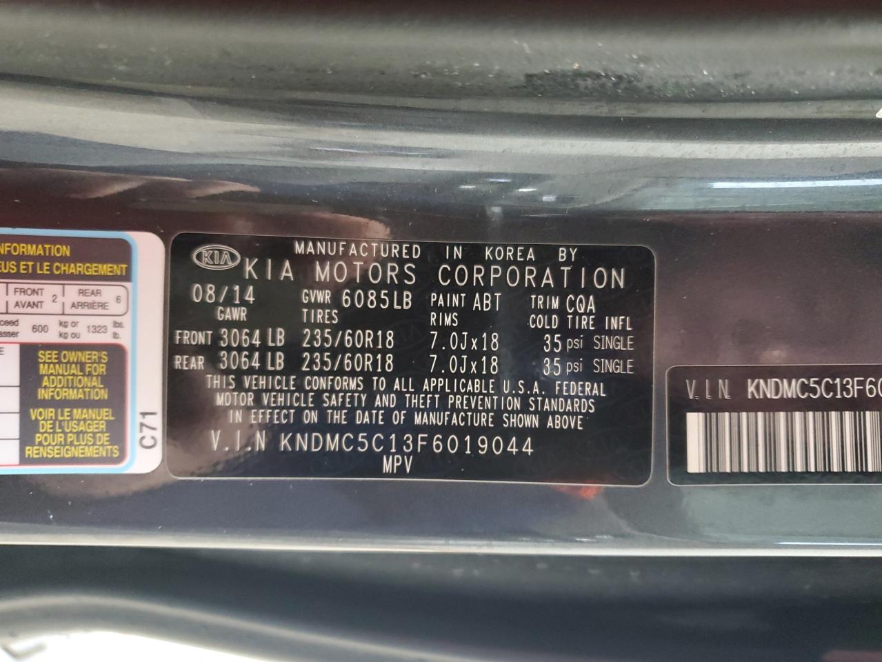 2015 Kia Sedona Ex VIN: KNDMC5C13F6019044 Lot: 86498485