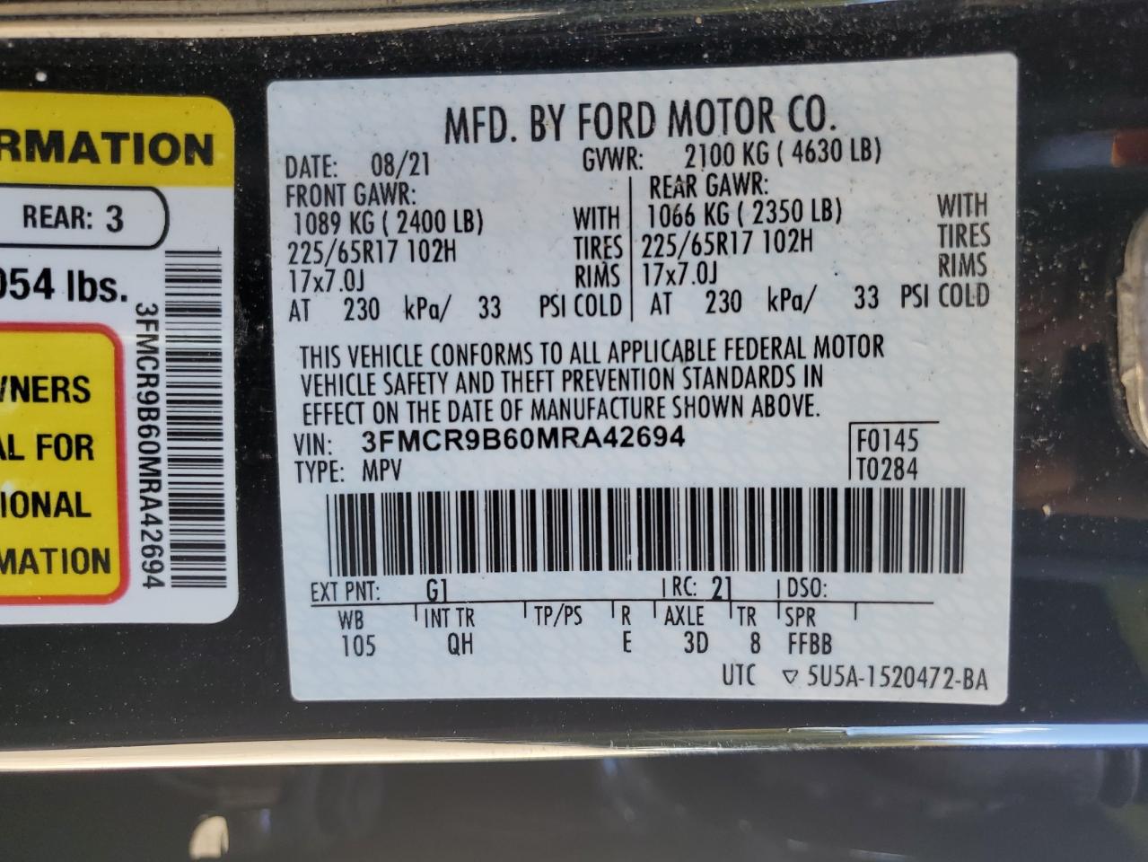 2021 Ford Bronco Sport Big Bend VIN: 3FMCR9B60MRA42694 Lot: 90839805