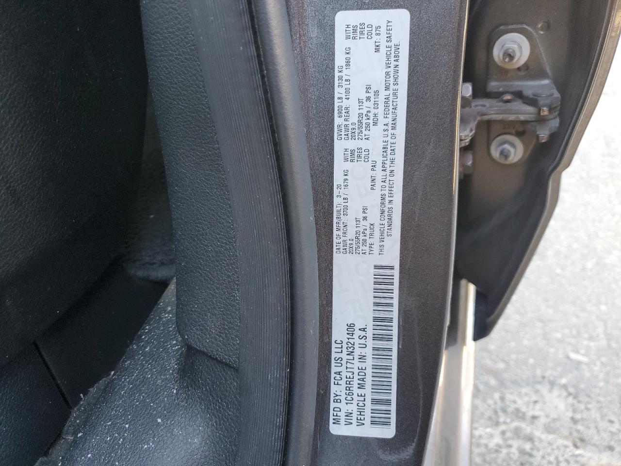 2020 Ram 1500 Laramie VIN: 1C6RREJT7LN321406 Lot: 87115315