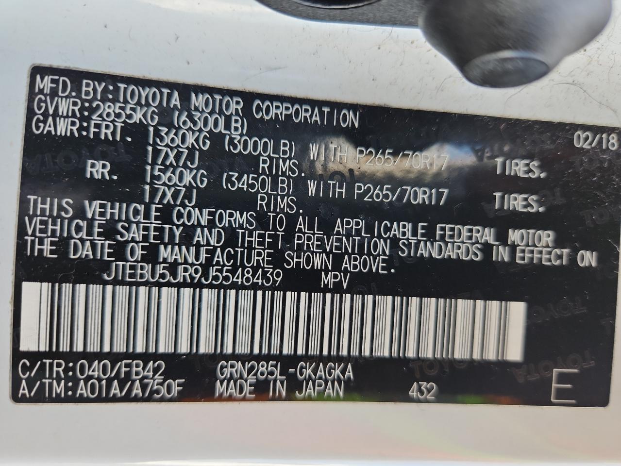 2018 Toyota 4Runner Sr5/Sr5 Premium VIN: JTEBU5JR9J5548439 Lot: 85735055