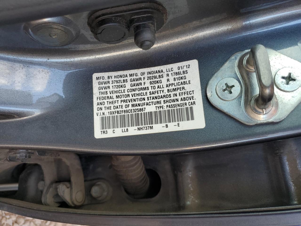 2012 Honda Civic Ex VIN: 19XFB2F89CE325867 Lot: 85869095