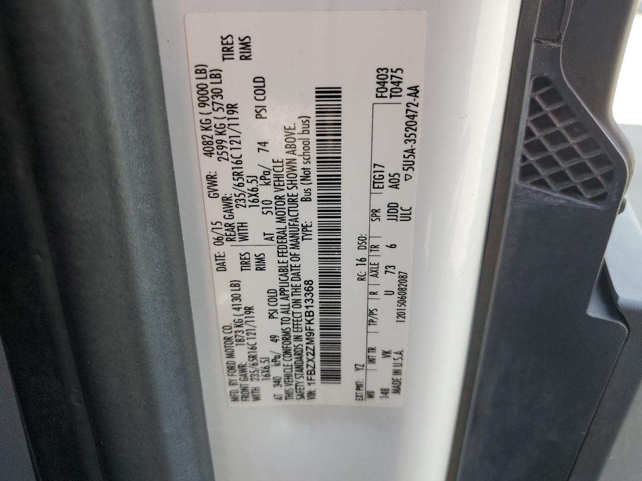 2015 Ford Transit T-350 VIN: 1FBZX2ZM9FKB13368 Lot: 86608295