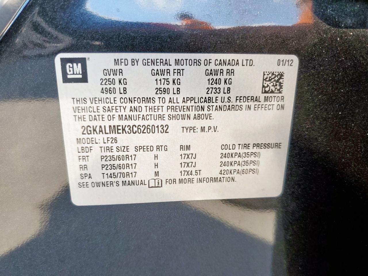 2012 GMC Terrain Sle VIN: 2GKALMEK3C6260132 Lot: 85320565