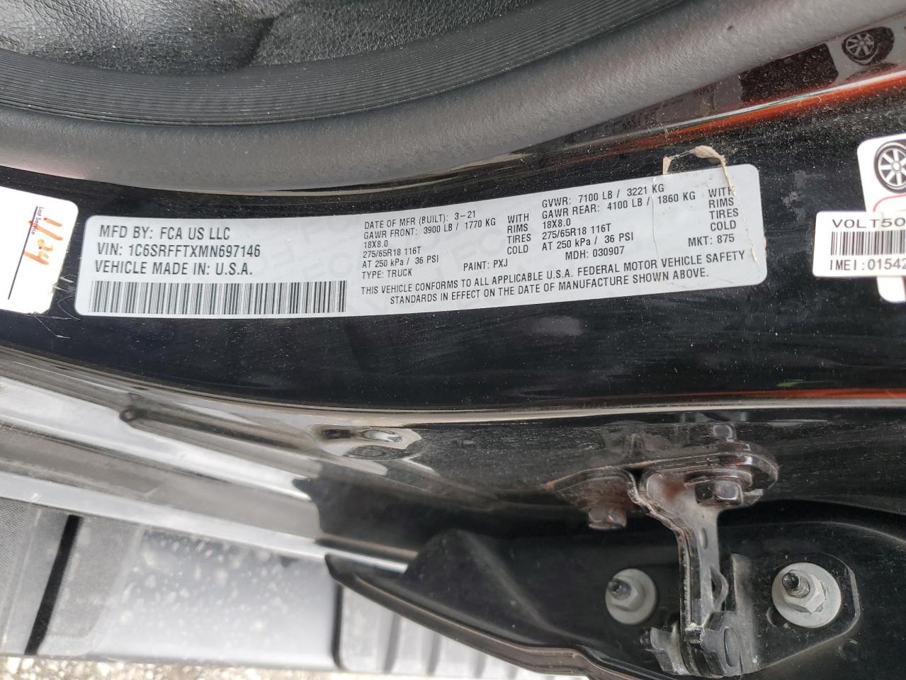 2021 Ram 1500 Big Horn/Lone Star VIN: 1C6SRFFTXMN697146 Lot: 90704445