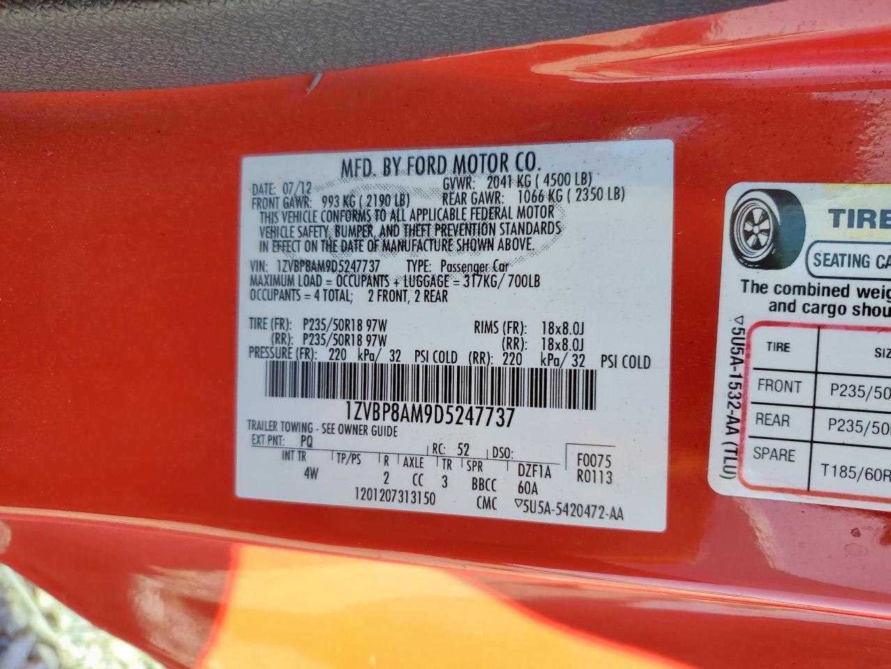 2013 Ford Mustang VIN: 1ZVBP8AM9D5247737 Lot: 89854795