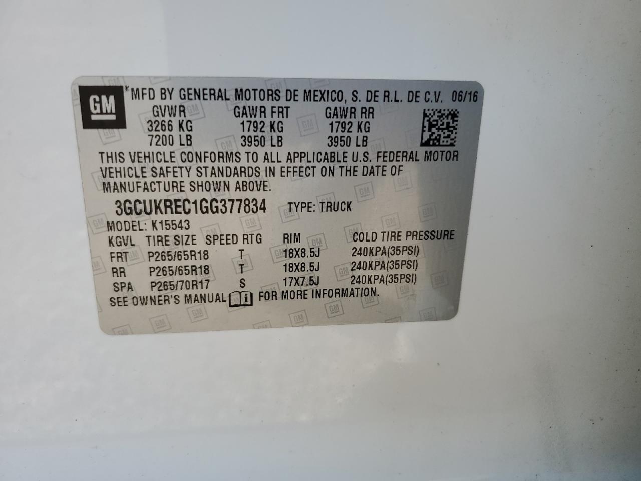 2016 Chevrolet Silverado K1500 Lt VIN: 3GCUKREC1GG377834 Lot: 84995595