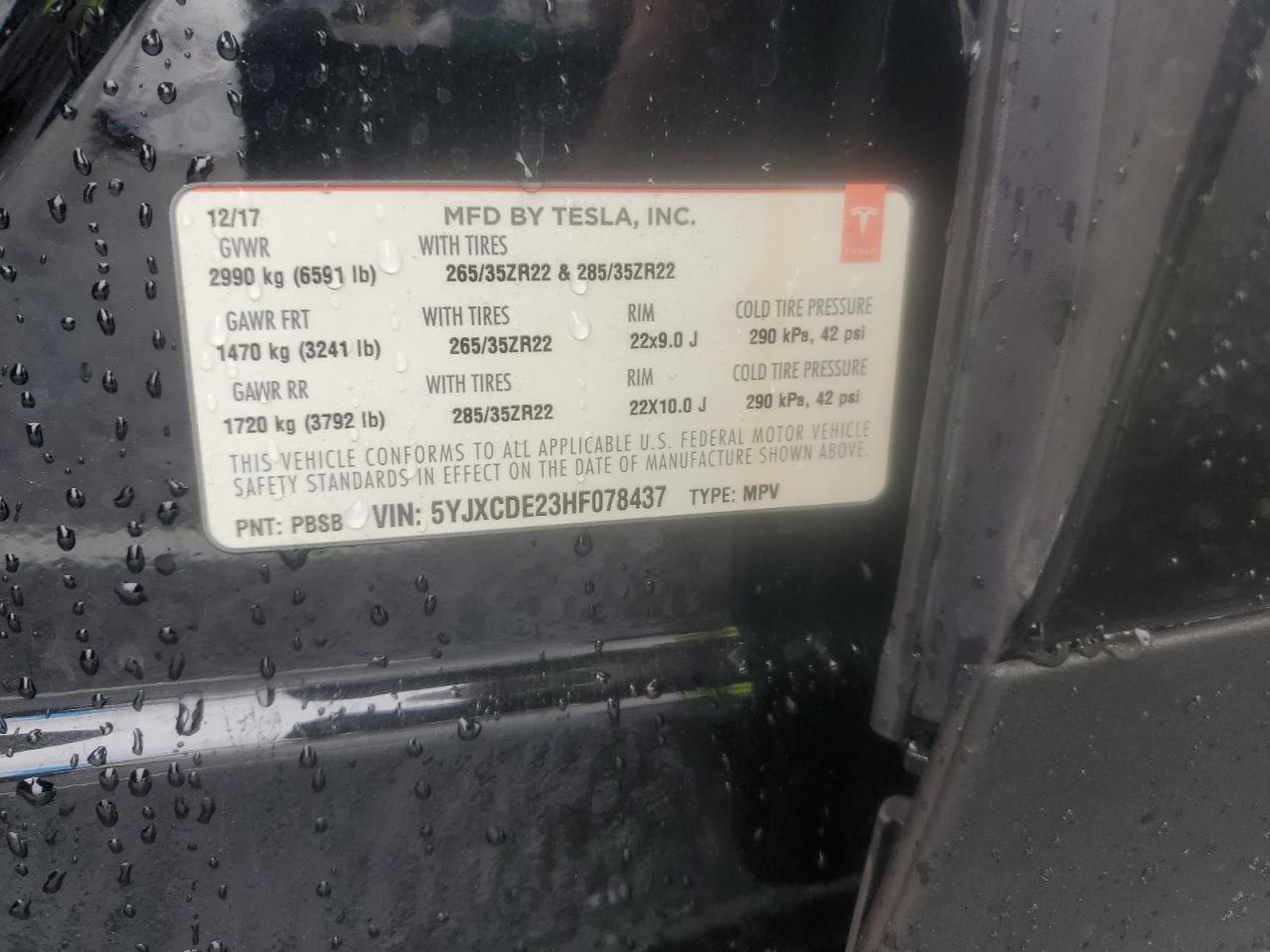 2017 Tesla Model X VIN: 5YJXCDE23HF078437 Lot: 85916915