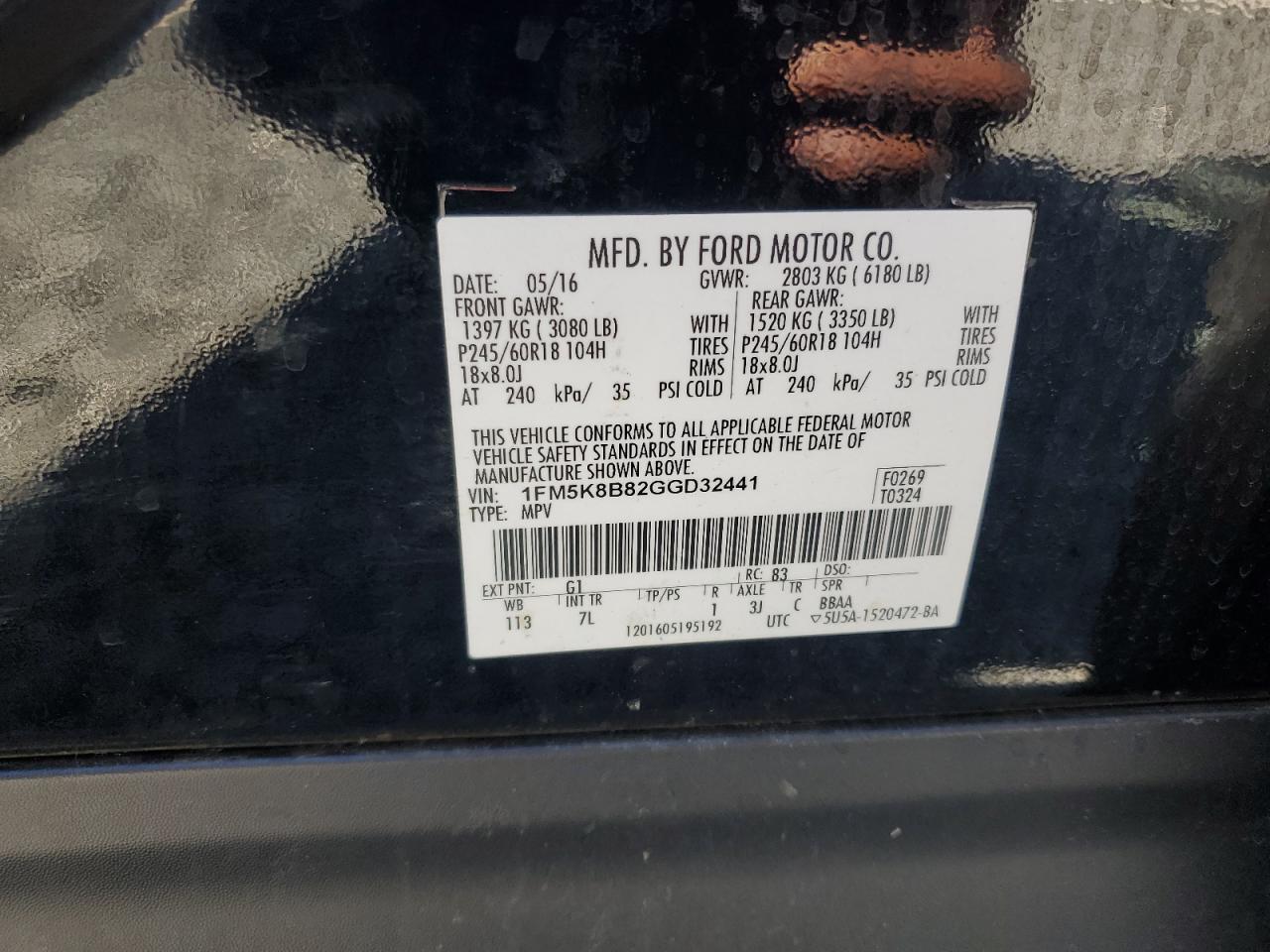 2016 Ford Explorer VIN: 1FM5K8B82GGD32441 Lot: 87451105