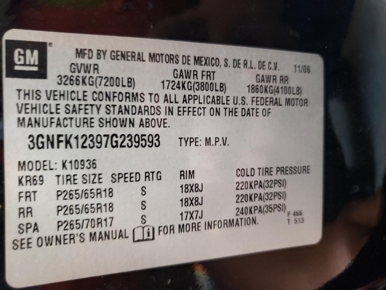 2007 Chevrolet Avalanche K1500 VIN: 3GNFK12397G239593 Lot: 81898065