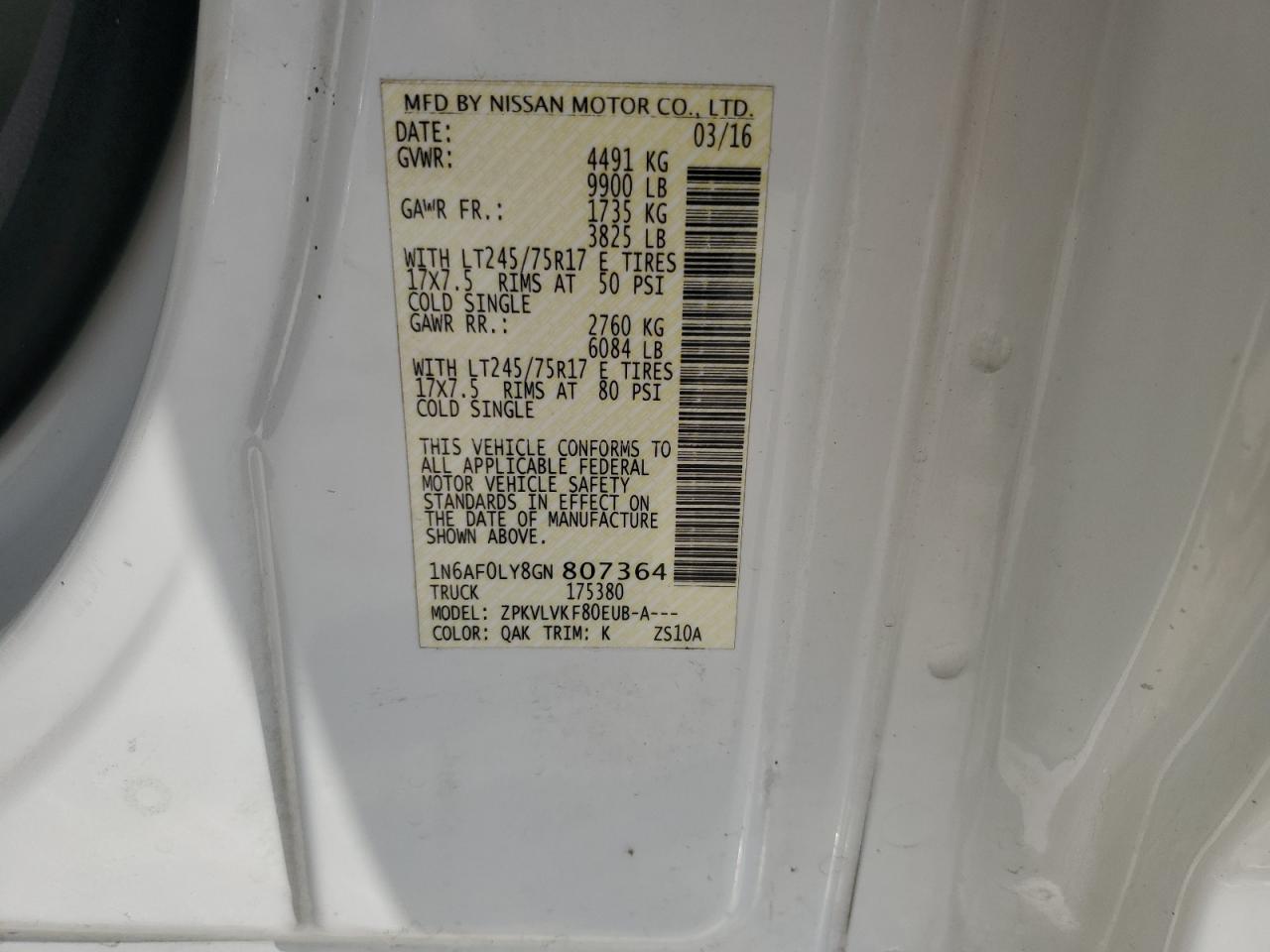 2016 Nissan Nv 2500 S VIN: 1N6AF0LY8GN807364 Lot: 89702495