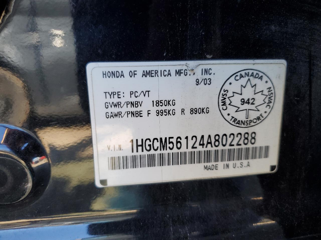 2004 Honda Accord Dx VIN: 1HGCM56124A802288 Lot: 84193555