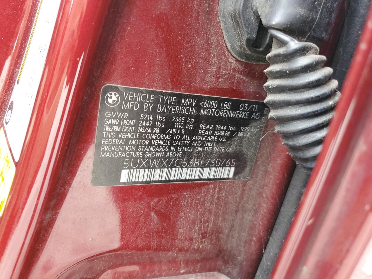 2011 BMW X3 xDrive35I VIN: 5UXWX7C53BL730765 Lot: 84875865