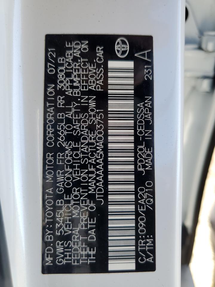 2021 Toyota Mirai Xle VIN: JTDAAAAA5MA003751 Lot: 84627095