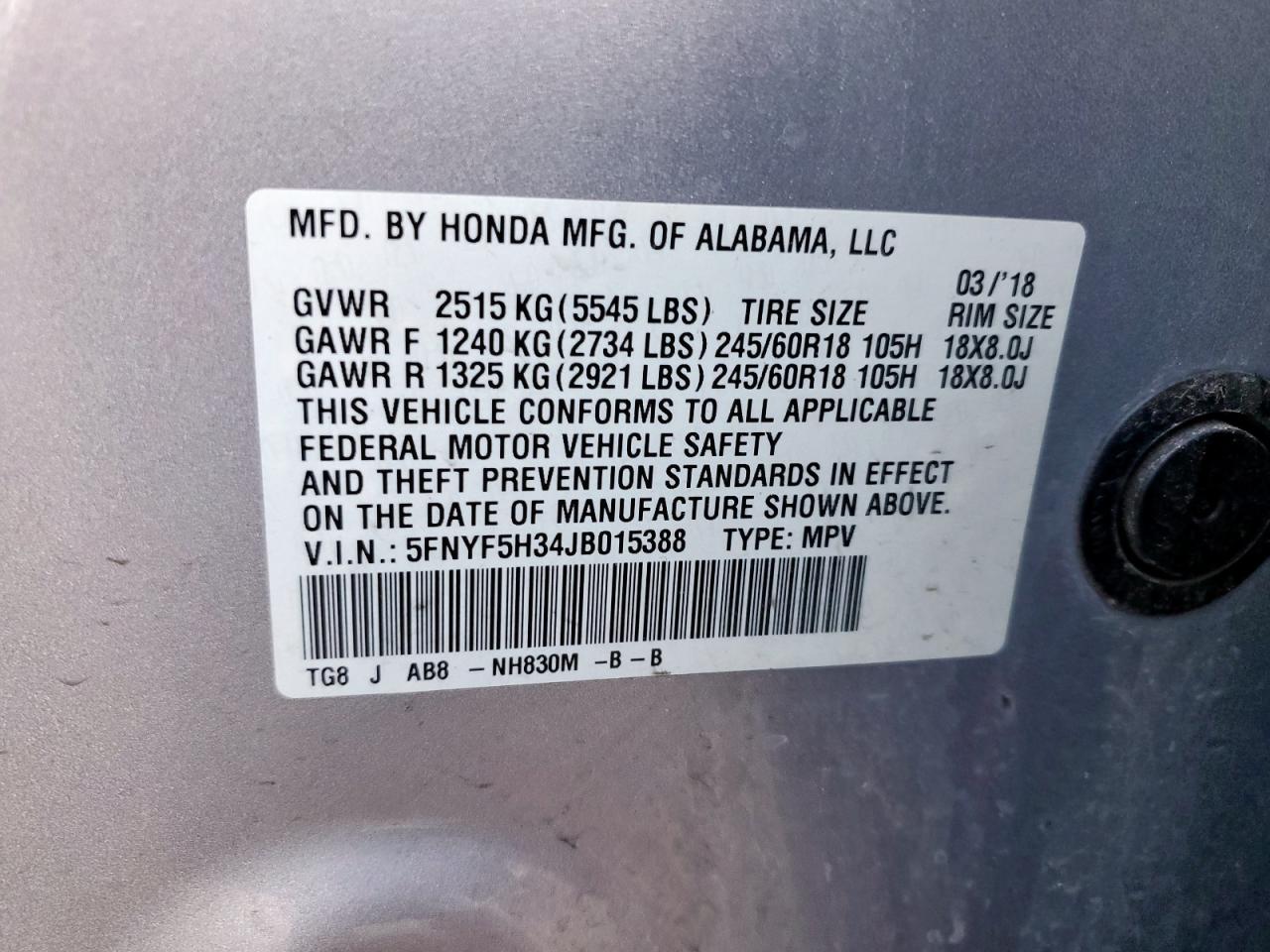 2018 Honda Pilot Ex VIN: 5FNYF5H34JB015388 Lot: 85194635