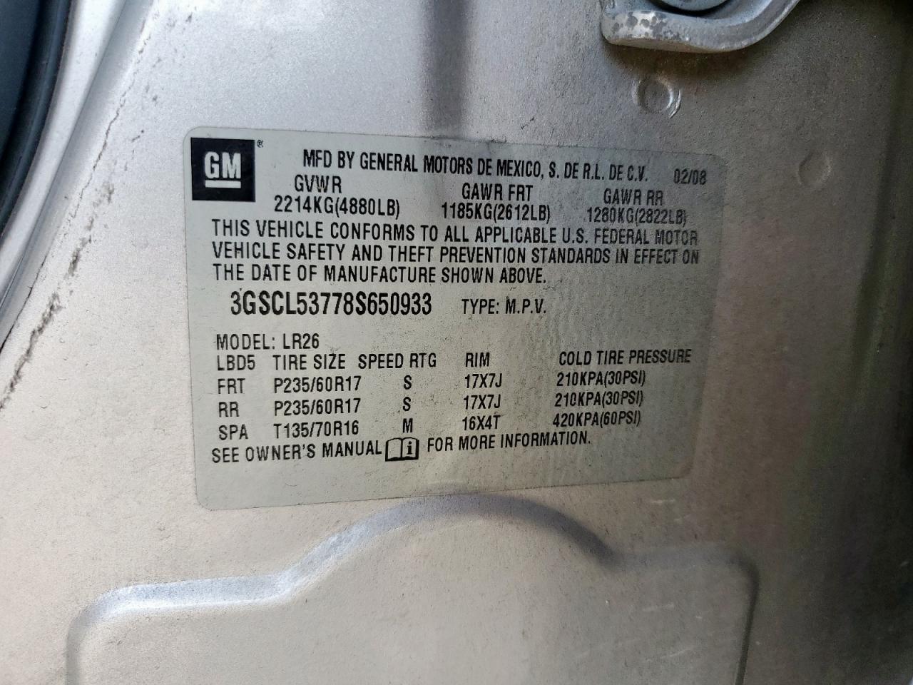 2008 Saturn Vue Xr VIN: 3GSCL53778S650933 Lot: 85551625