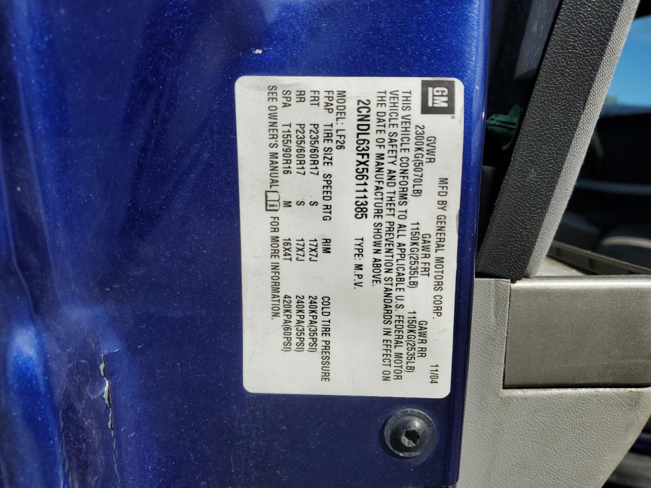 2005 Chevrolet Equinox Lt VIN: 2CNDL63FX56111385 Lot: 86146255